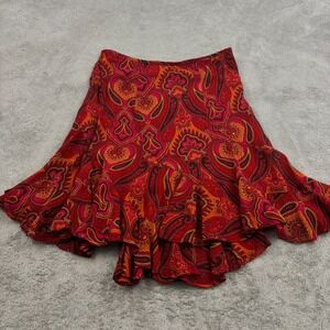 VTG Liz Claiborne Assymterical Ruffle Hem Skirt Womens 8P Red Pink Paisley Fairy